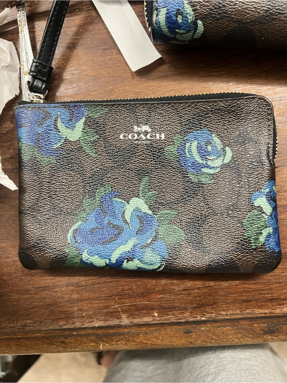 Coach Brown Signature Canvas Wallet Trio with Blue Floral Print - 3 piece set! - Picture 6 of 12